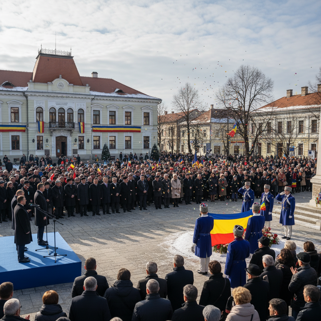 Ceremonia Zilei Naționale a României la Miercurea-Ciuc, susținută de numeroși locuitori localnici