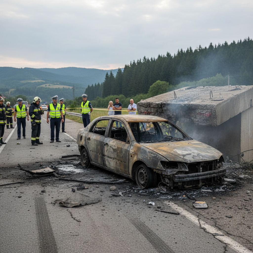 Mașină distrusă complet după coliziunea cu o platformă de beton (video)